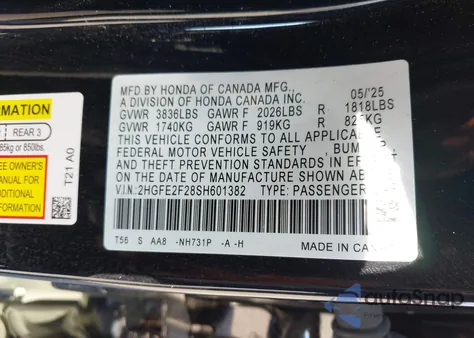 2025 Honda Civic Lx from USA, damaged, VIN 2HGFE2F28SH601382